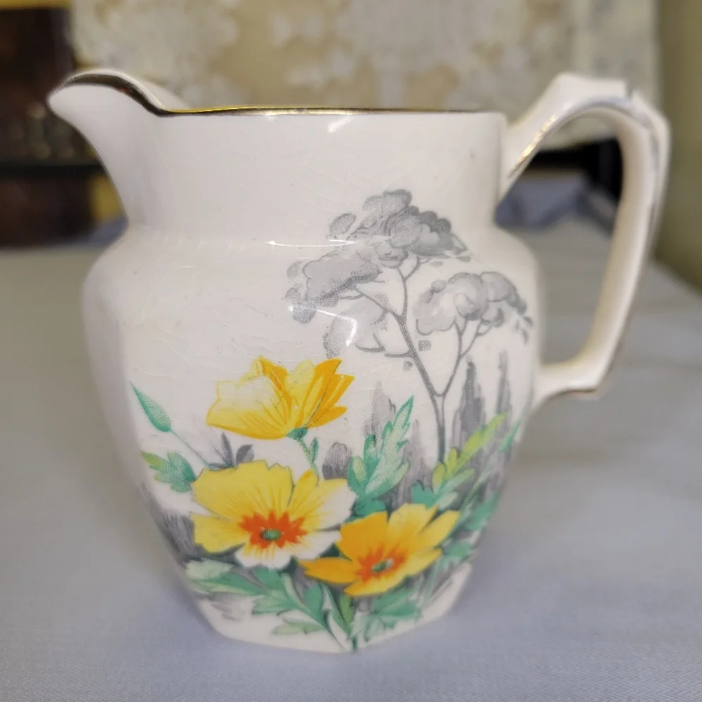 Vtg Creamer Price Bro's Pottery Earthenware Gold Trim Yellow Flowers.